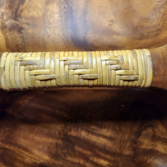 Vintage Philippines Monkey Pod Double Clam Shell Bowl, Woven Rattan Handle 14x9 - Picture 3 of 8